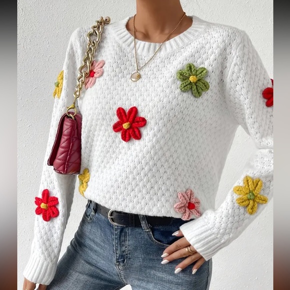boutique Sweaters - 5. Floral Design Crew Neck Knitted Sweater, Casual Long Sleeve Drop Shoulder